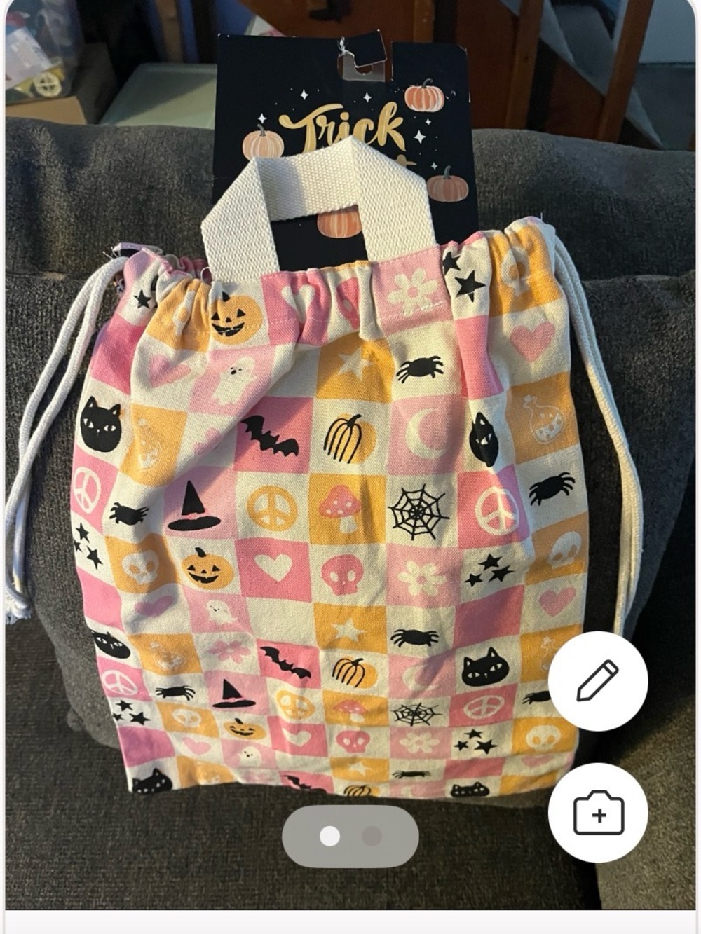 Kids Halloween Drawstring Trick-or-Treat Bag in Pink and Yellow